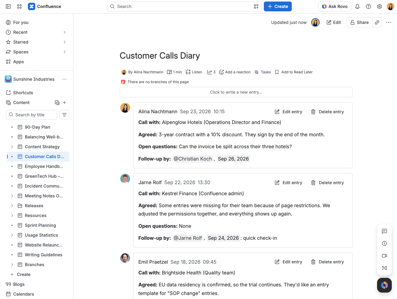 Screenshot of Diary with entries following the template