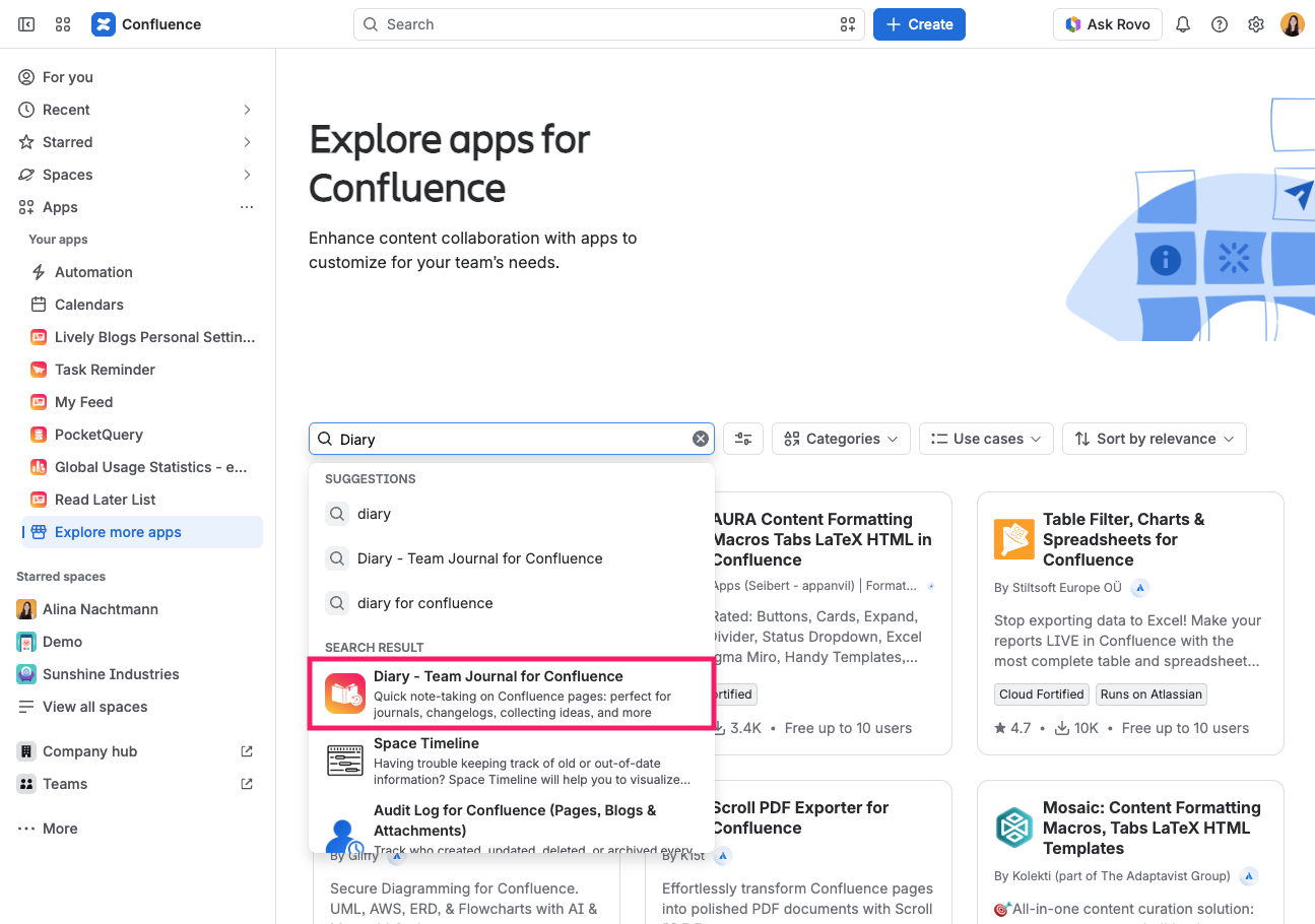Screenshot of Confluence Explore more apps page with highlighted Diary entry