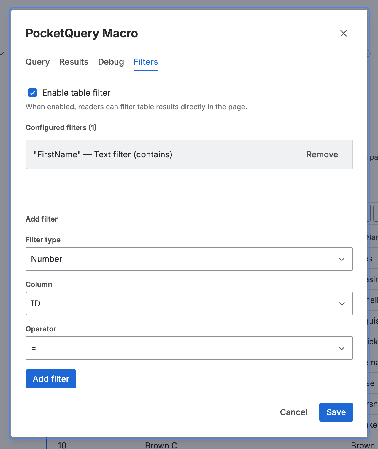 Screenshot of PocketQuery macro settings with active Filters tab