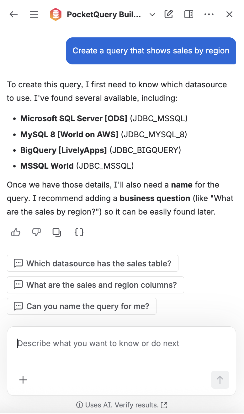 Screenshot of PocketQuery Builder in Rovo Chat