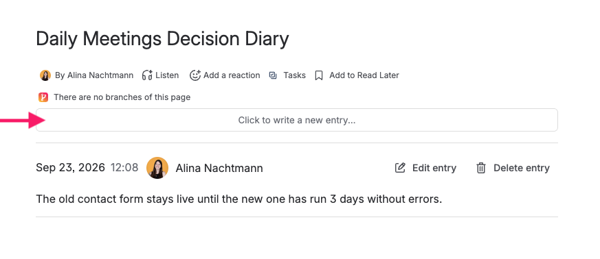 Confluence page with Diary macro showing Click to write a new entry button