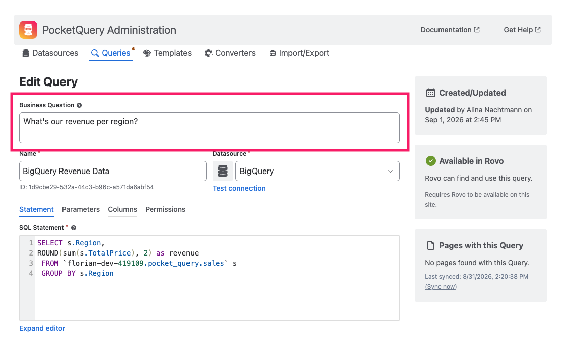 Screenshot of PocketQuery Administration with highlighted Business Question input field
