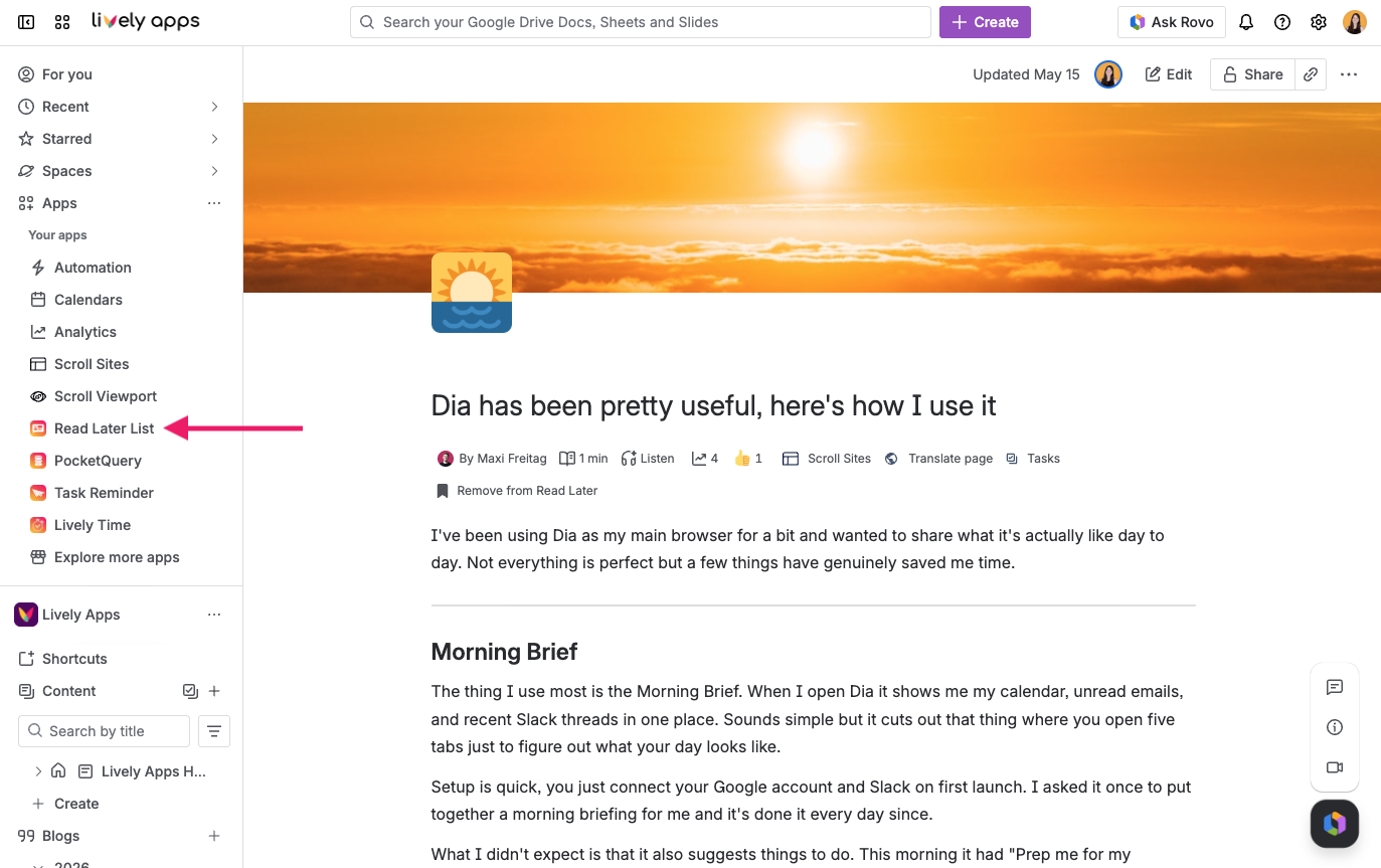 Screen of Confluence Page with highlighted Read Later List in sidebar