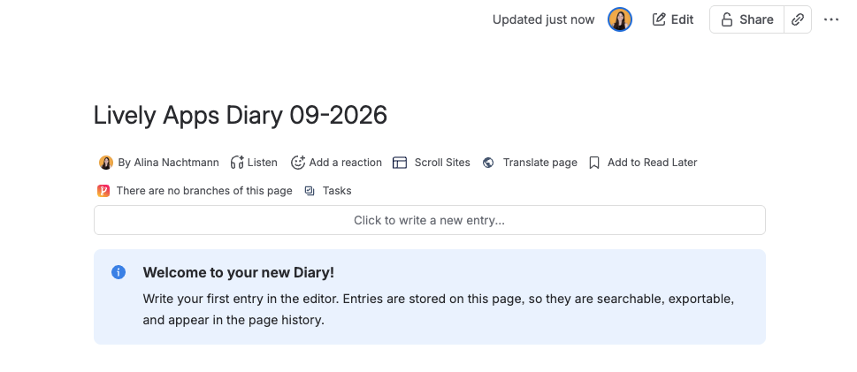 Screenshot of Confluence page with empty Diary