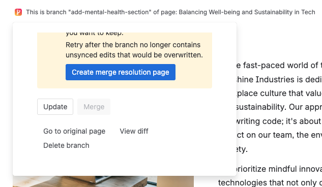 Page Branching modal with 'Create merge resolution page' button 