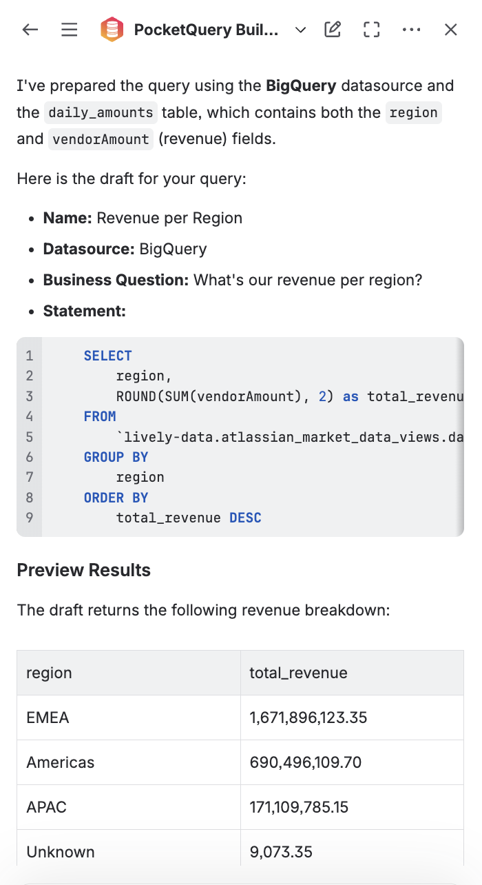 Screenshot of Rovo Chat with PocketQuery Builder conversation showing preview of query