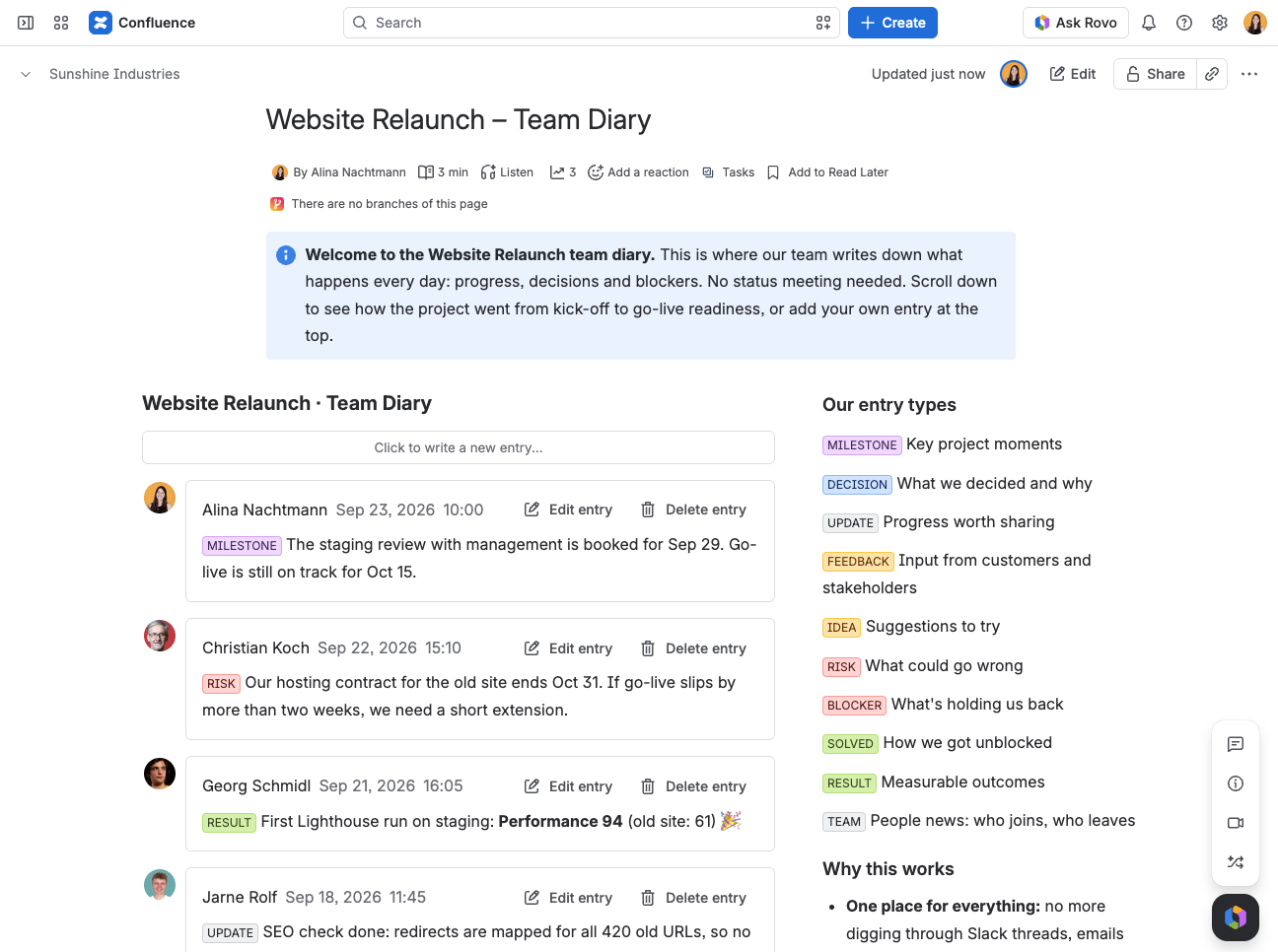 Screenshot of Confluence page with team Diary