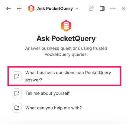 Screenshot of Rovo chat showing PocketQuery Agent with predefined questions